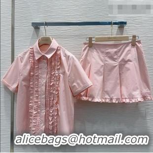 Famous Brand Miu Miu Ruffled Cotton Shirt and Mini Skirt Set MM042302 Pink 2026