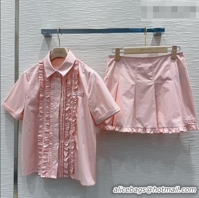 Famous Brand Miu Miu Ruffled Cotton Shirt and Mini Skirt Set MM042302 Pink 2026