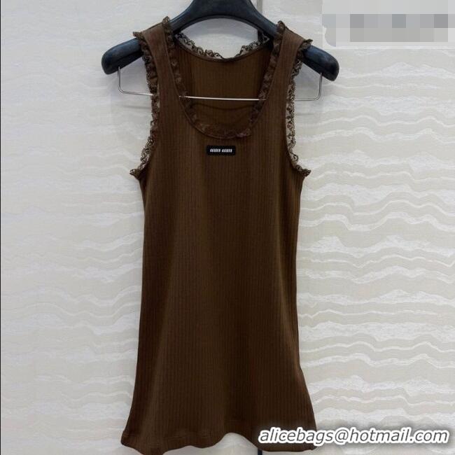 Big Discount Miu Miu Cotton Knit Vest with Lace Trim MM042323 Brown 2026