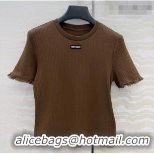 Super Quality Miu Miu Cotton Knit Top with Lace Trim MM042323 Brown 2026