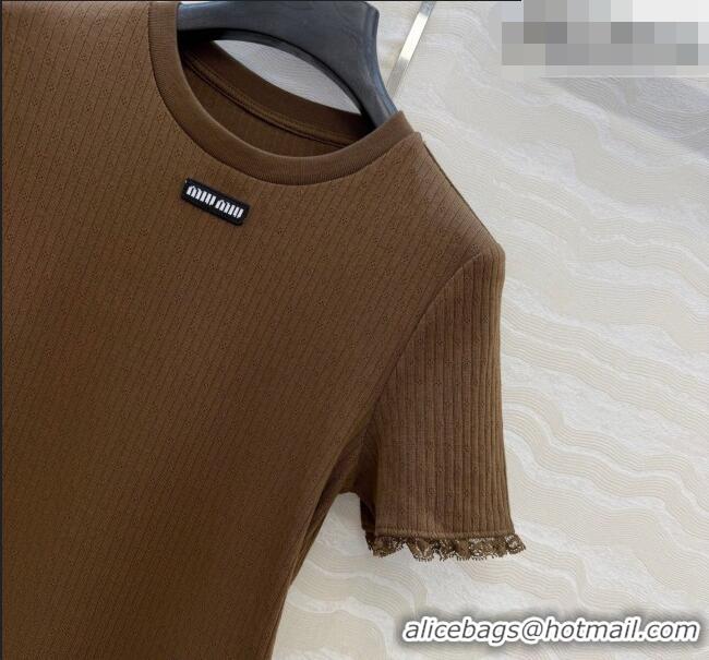 Super Quality Miu Miu Cotton Knit Top with Lace Trim MM042323 Brown 2026