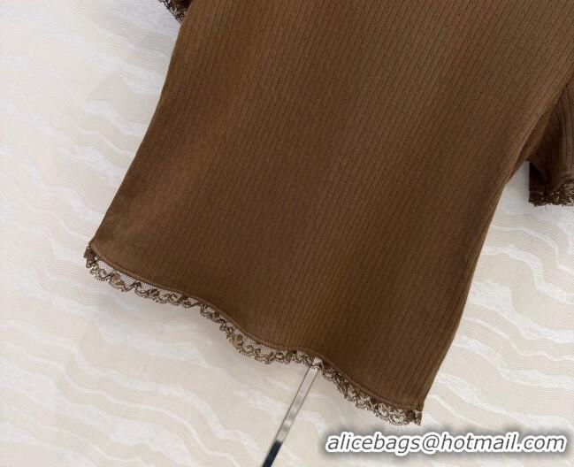 Super Quality Miu Miu Cotton Knit Top with Lace Trim MM042323 Brown 2026