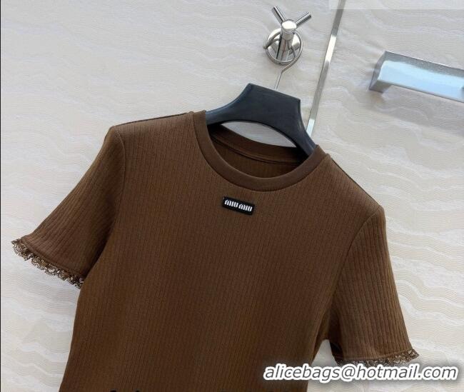 Super Quality Miu Miu Cotton Knit Top with Lace Trim MM042323 Brown 2026
