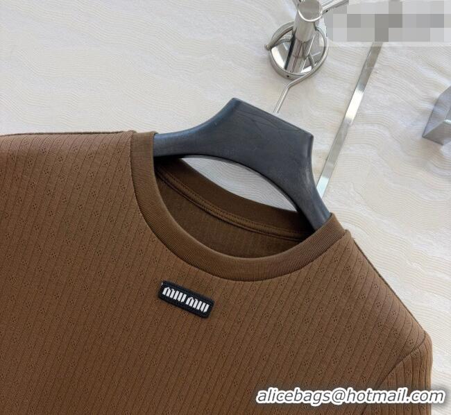Super Quality Miu Miu Cotton Knit Top with Lace Trim MM042323 Brown 2026