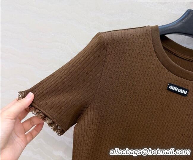 Super Quality Miu Miu Cotton Knit Top with Lace Trim MM042323 Brown 2026
