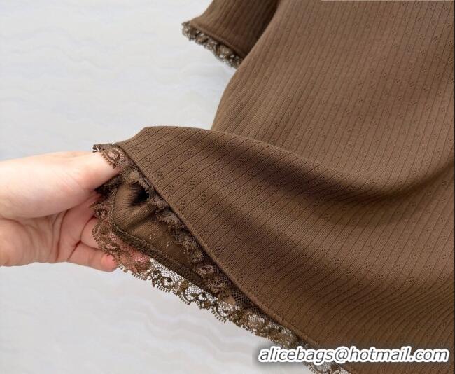 Super Quality Miu Miu Cotton Knit Top with Lace Trim MM042323 Brown 2026