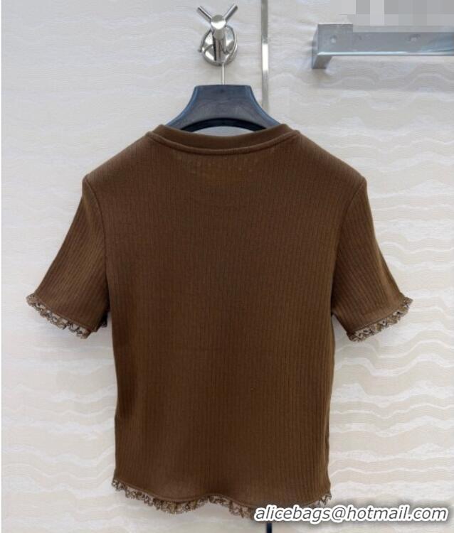 Super Quality Miu Miu Cotton Knit Top with Lace Trim MM042323 Brown 2026