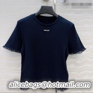 Good Product Miu Miu Cotton Knit Top with Lace Trim MM042323 Blue 2026