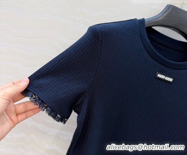 Good Product Miu Miu Cotton Knit Top with Lace Trim MM042323 Blue 2026