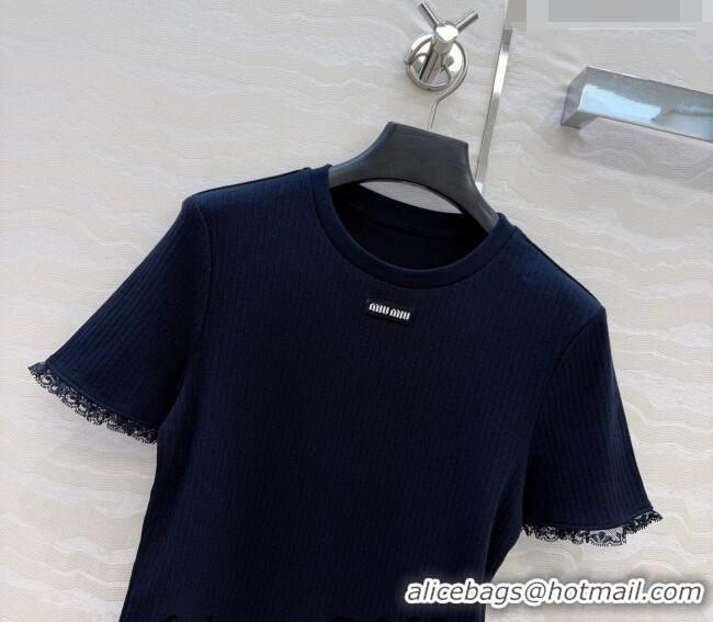 Good Product Miu Miu Cotton Knit Top with Lace Trim MM042323 Blue 2026
