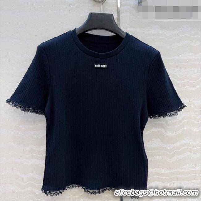 Good Product Miu Miu Cotton Knit Top with Lace Trim MM042323 Blue 2026