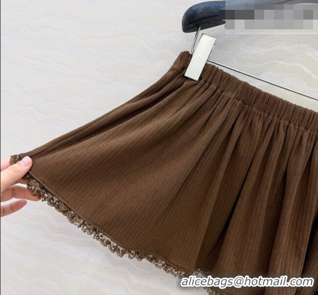 Stylish Discount Miu Miu Cotton Knit Mini Skirt with Lace Trim MM042323 Brown 2026
