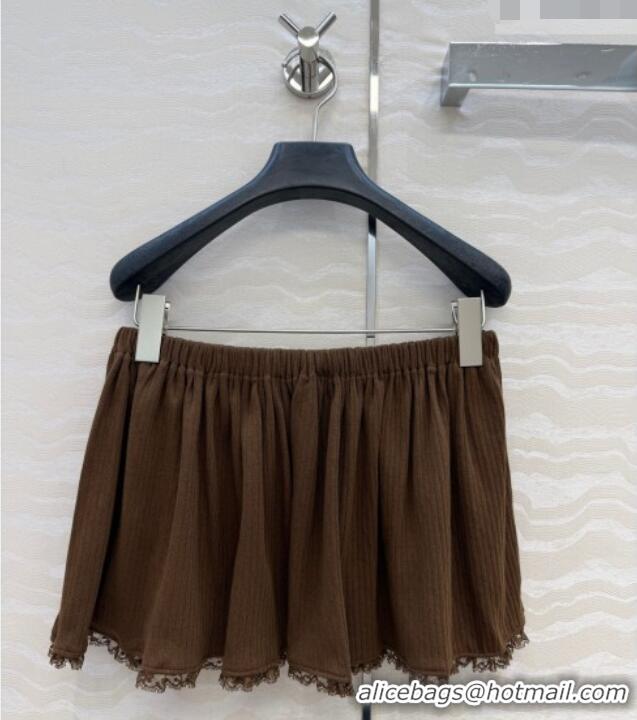 Stylish Discount Miu Miu Cotton Knit Mini Skirt with Lace Trim MM042323 Brown 2026