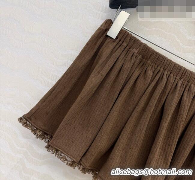 Stylish Discount Miu Miu Cotton Knit Mini Skirt with Lace Trim MM042323 Brown 2026