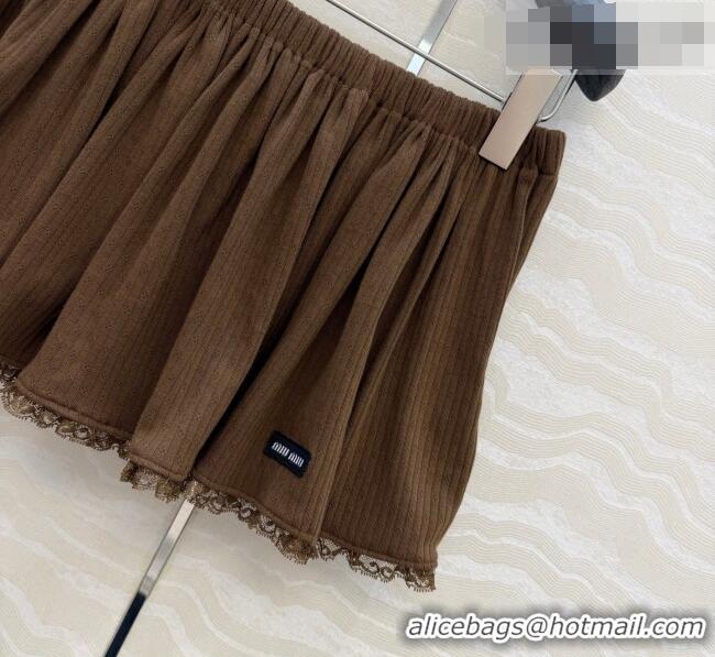 Stylish Discount Miu Miu Cotton Knit Mini Skirt with Lace Trim MM042323 Brown 2026