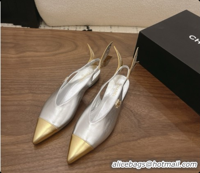 Luxury Discount Chanel Metallic Leather Slingbacks Flat CH072867 Silver 2026