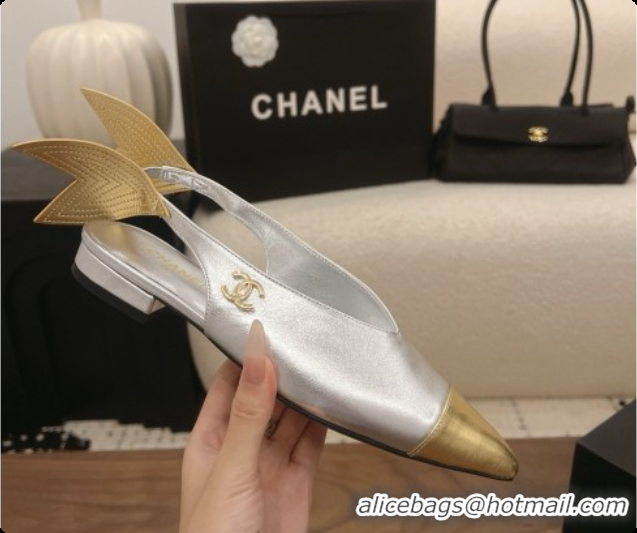 Luxury Discount Chanel Metallic Leather Slingbacks Flat CH072867 Silver 2026