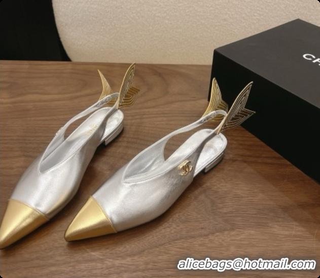 Luxury Discount Chanel Metallic Leather Slingbacks Flat CH072867 Silver 2026