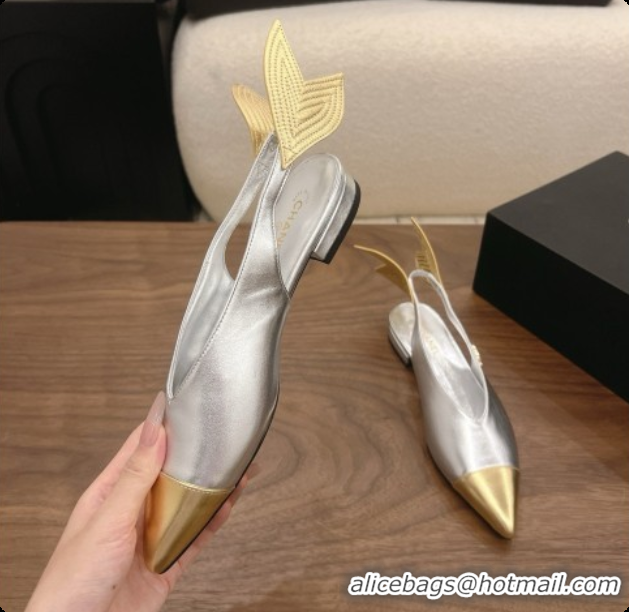 Luxury Discount Chanel Metallic Leather Slingbacks Flat CH072867 Silver 2026