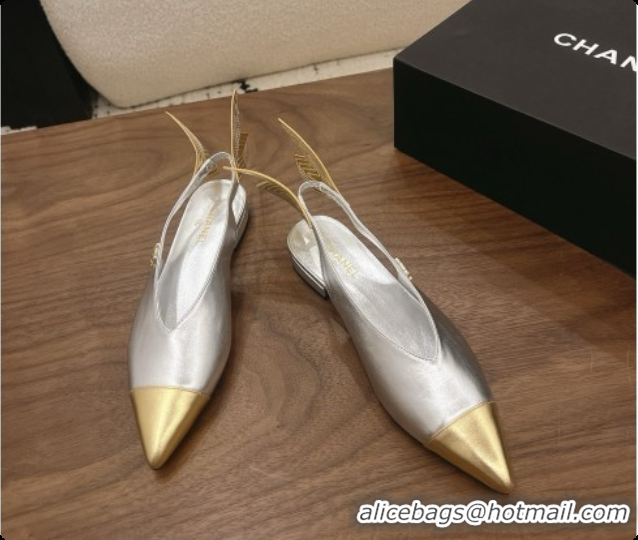 Luxury Discount Chanel Metallic Leather Slingbacks Flat CH072867 Silver 2026