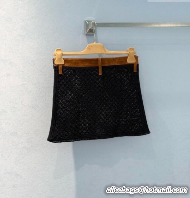 Promotional Miu Miu Cotton Crochet and Suede Miniskirt M081437 Black/Brown 2026