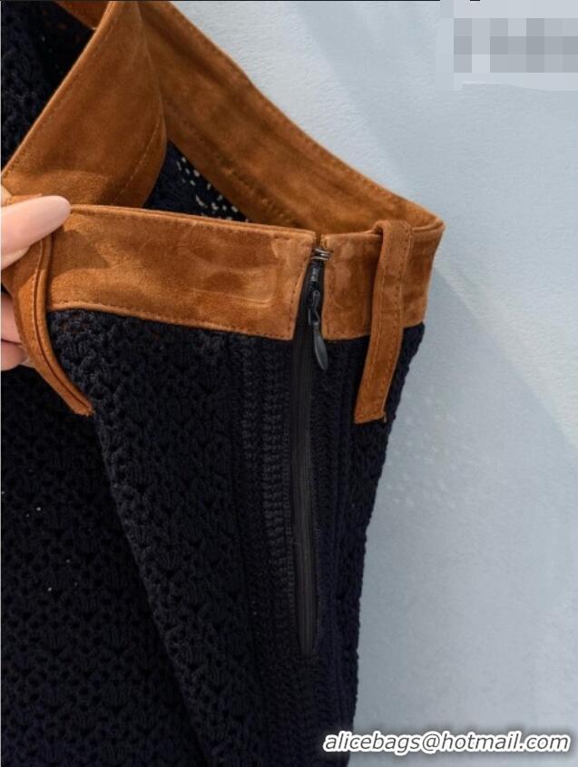 Promotional Miu Miu Cotton Crochet and Suede Miniskirt M081437 Black/Brown 2026