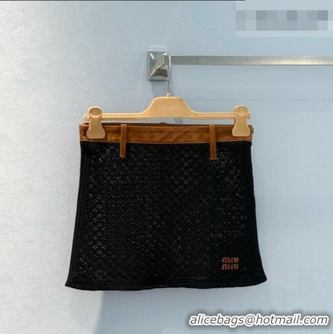 Promotional Miu Miu Cotton Crochet and Suede Miniskirt M081437 Black/Brown 2026