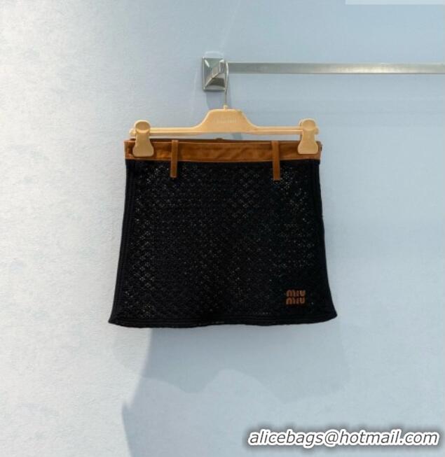 Promotional Miu Miu Cotton Crochet and Suede Miniskirt M081437 Black/Brown 2026