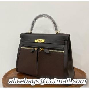 Buy Discount Hermes Kelly Lakis Handbag 32cm Calf Leather/Canvas H5986 Dark Brown/Gold