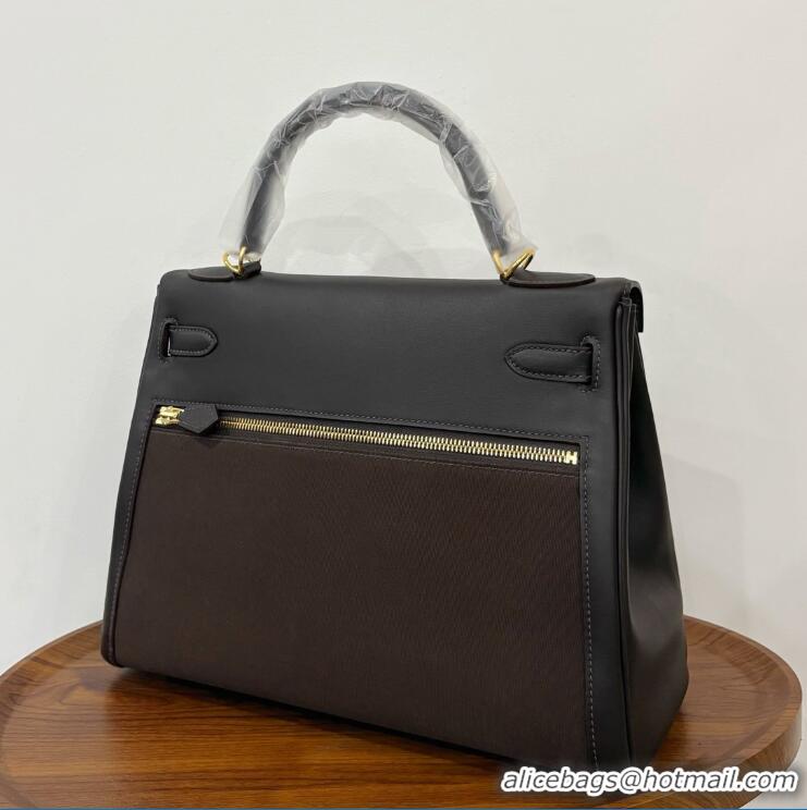Buy Discount Hermes Kelly Lakis Handbag 32cm Calf Leather/Canvas H5986 Dark Brown/Gold