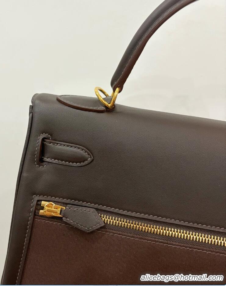 Buy Discount Hermes Kelly Lakis Handbag 32cm Calf Leather/Canvas H5986 Dark Brown/Gold