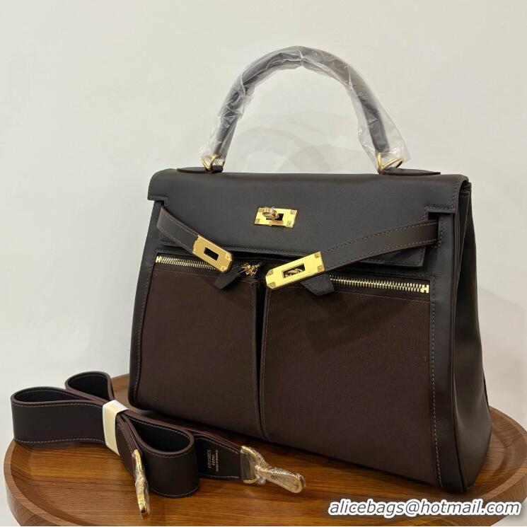 Buy Discount Hermes Kelly Lakis Handbag 32cm Calf Leather/Canvas H5986 Dark Brown/Gold