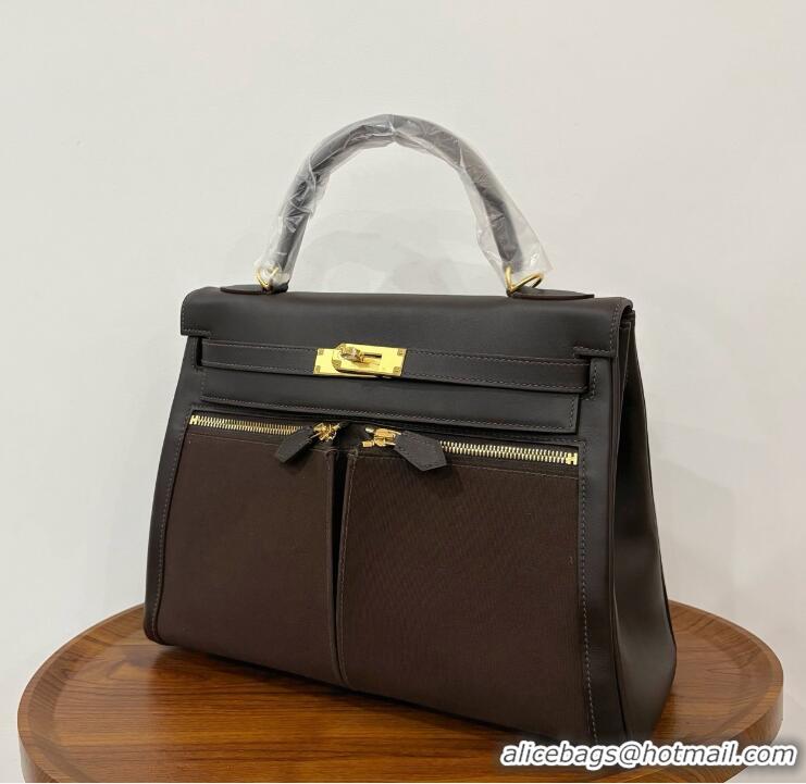 Buy Discount Hermes Kelly Lakis Handbag 32cm Calf Leather/Canvas H5986 Dark Brown/Gold