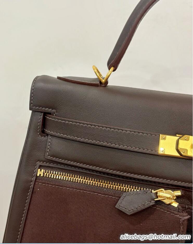 Buy Discount Hermes Kelly Lakis Handbag 32cm Calf Leather/Canvas H5986 Dark Brown/Gold