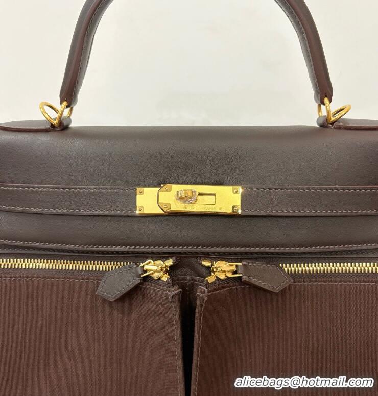 Buy Discount Hermes Kelly Lakis Handbag 32cm Calf Leather/Canvas H5986 Dark Brown/Gold
