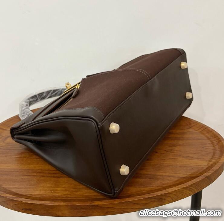 Buy Discount Hermes Kelly Lakis Handbag 32cm Calf Leather/Canvas H5986 Dark Brown/Gold