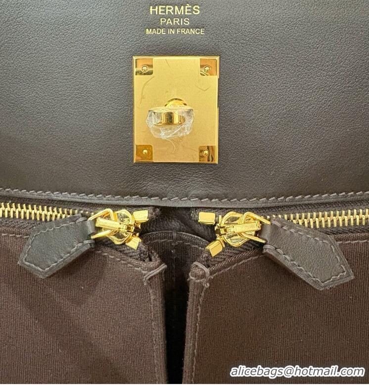 Buy Discount Hermes Kelly Lakis Handbag 32cm Calf Leather/Canvas H5986 Dark Brown/Gold
