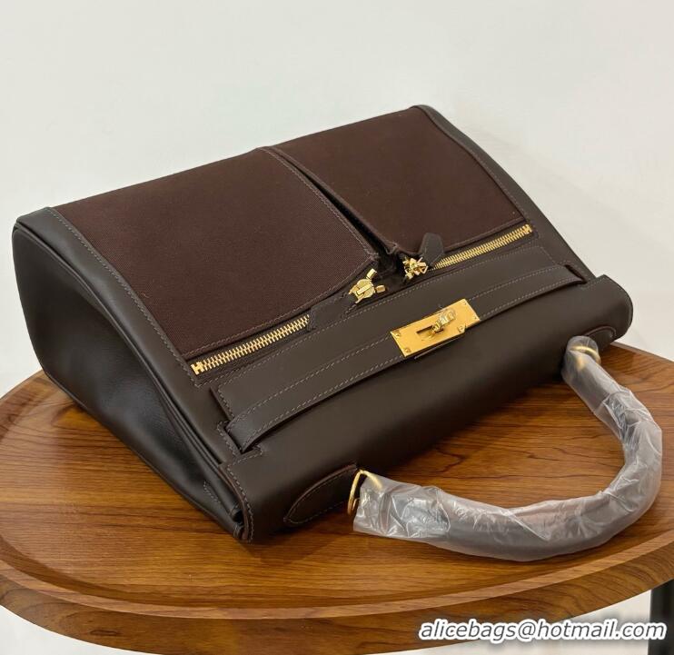 Buy Discount Hermes Kelly Lakis Handbag 32cm Calf Leather/Canvas H5986 Dark Brown/Gold