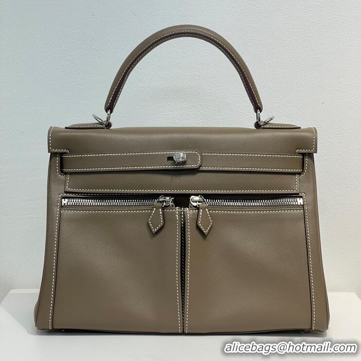 Top Grade Hermes Kelly Lakis Handbag 32cm Calf Leather/Canvas H5986 Dark Green/Gold