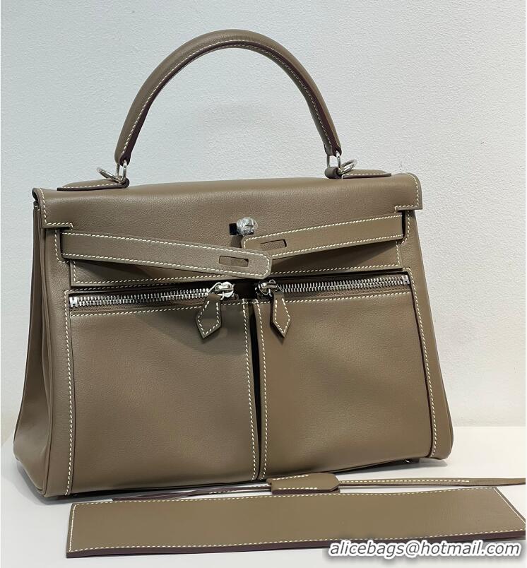 Top Grade Hermes Kelly Lakis Handbag 32cm Calf Leather/Canvas H5986 Dark Green/Gold