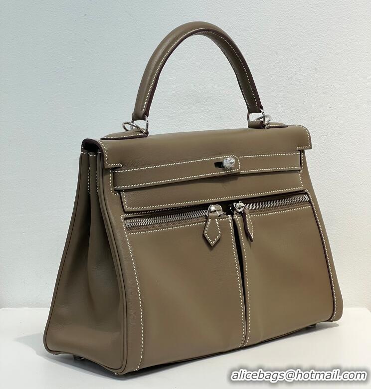 Top Grade Hermes Kelly Lakis Handbag 32cm Calf Leather/Canvas H5986 Dark Green/Gold
