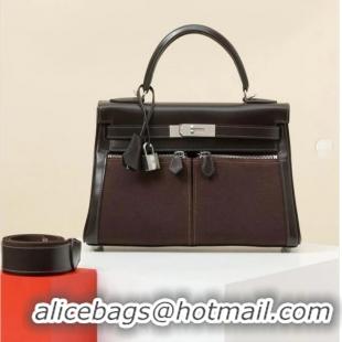 Grade Quality Hermes Kelly Lakis Handbag 32cm Calf Leather/Canvas H5986 Dark Brown/Silver