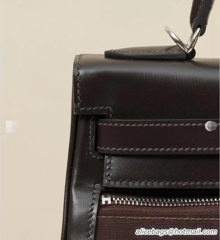 Grade Quality Hermes Kelly Lakis Handbag 32cm Calf Leather/Canvas H5986 Dark Brown/Silver