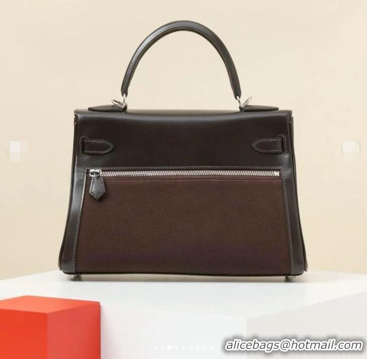 Grade Quality Hermes Kelly Lakis Handbag 32cm Calf Leather/Canvas H5986 Dark Brown/Silver