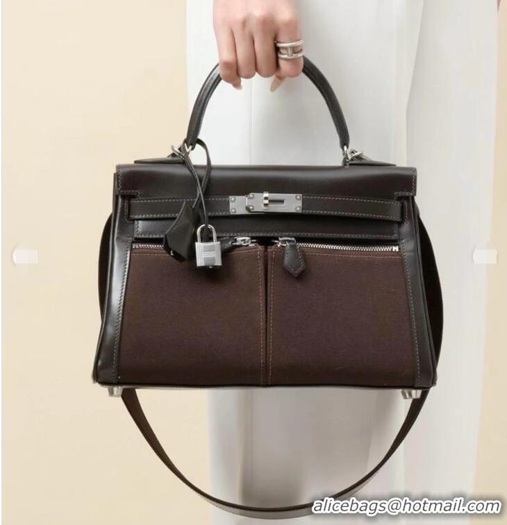 Grade Quality Hermes Kelly Lakis Handbag 32cm Calf Leather/Canvas H5986 Dark Brown/Silver