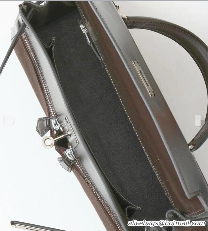 Grade Quality Hermes Kelly Lakis Handbag 32cm Calf Leather/Canvas H5986 Dark Brown/Silver