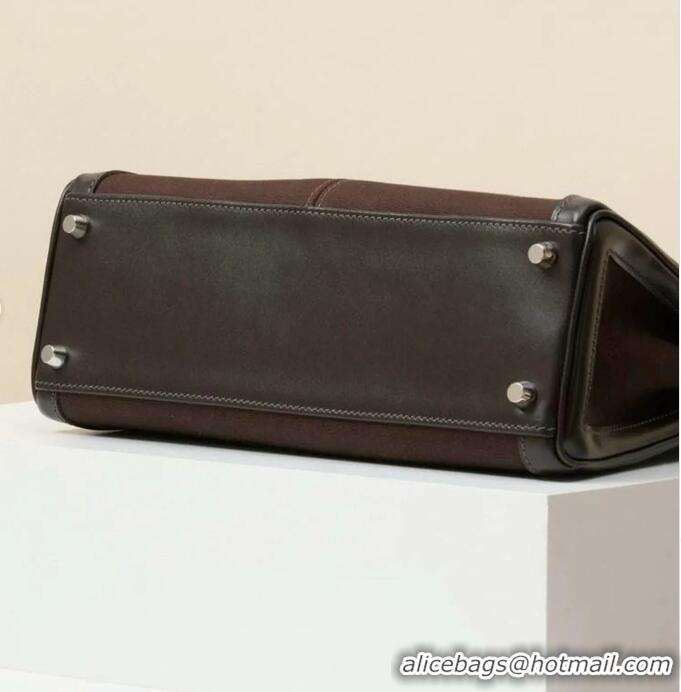 Grade Quality Hermes Kelly Lakis Handbag 32cm Calf Leather/Canvas H5986 Dark Brown/Silver