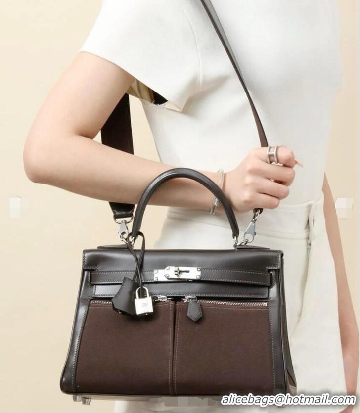 Grade Quality Hermes Kelly Lakis Handbag 32cm Calf Leather/Canvas H5986 Dark Brown/Silver