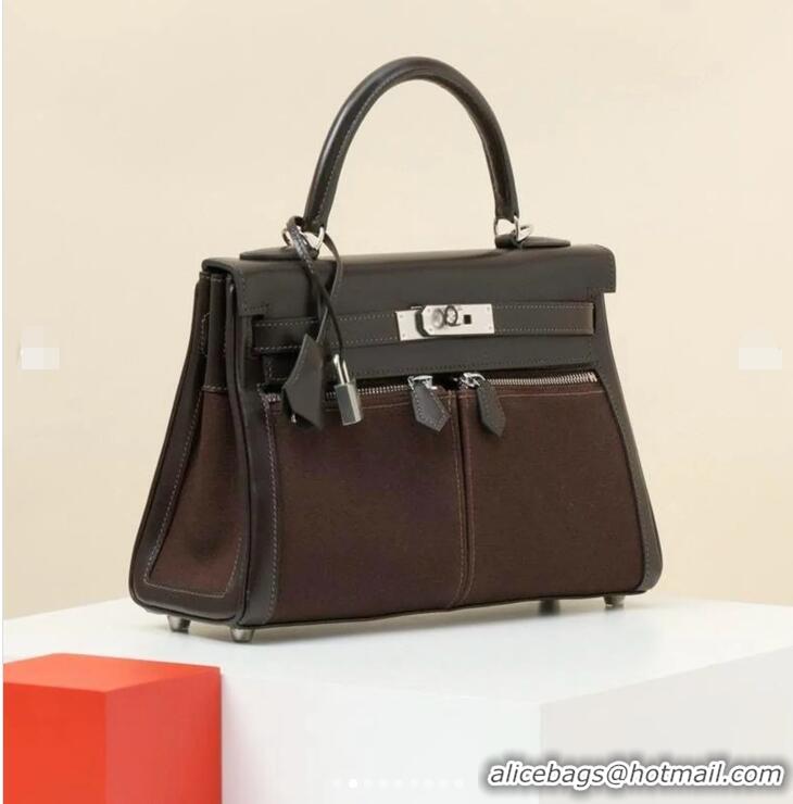 Grade Quality Hermes Kelly Lakis Handbag 32cm Calf Leather/Canvas H5986 Dark Brown/Silver