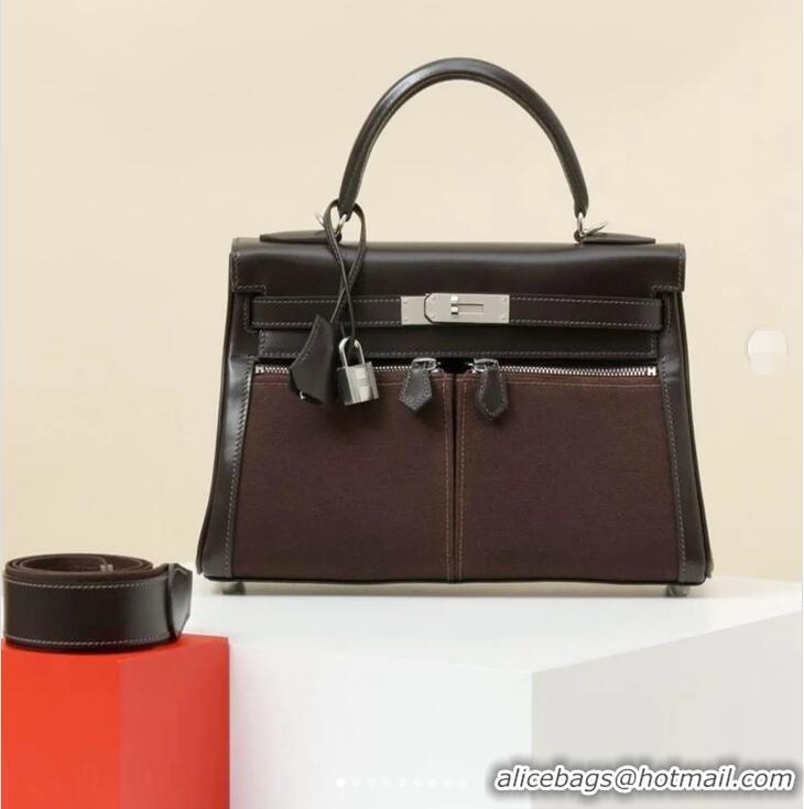 Grade Quality Hermes Kelly Lakis Handbag 32cm Calf Leather/Canvas H5986 Dark Brown/Silver